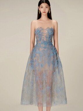 Blue Bead and Lace Illusion Neckline Midi Dress